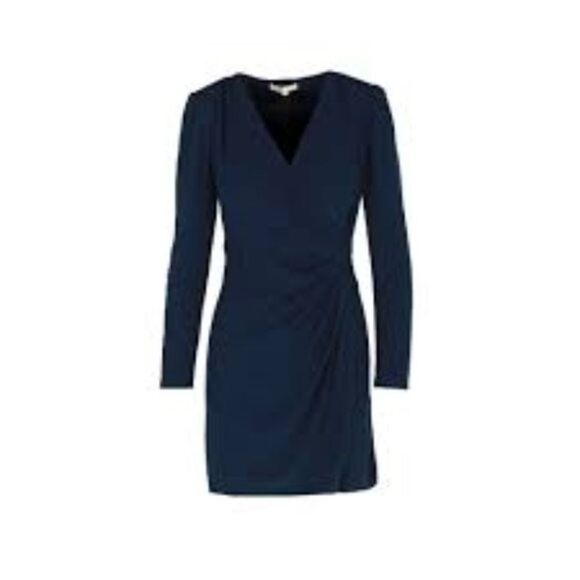 ✨HP✨Renie V-neck Long-sleeve Wrap In Navy Blue Viscose Short Casual Dress✨ - Picture 8 of 12